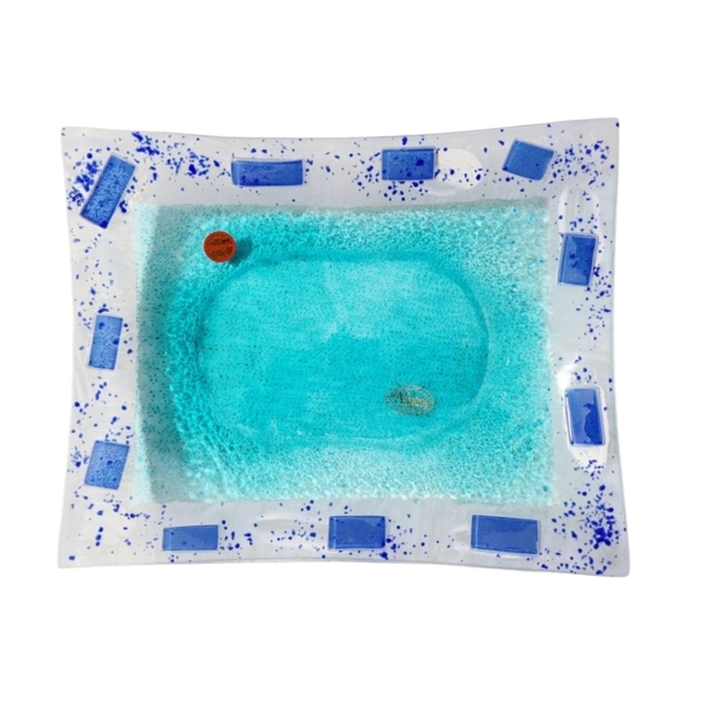 Vintage 60's Albatros Venezia Rectangular Turquoise Blue Glass Dish 9.5" X 7.5"